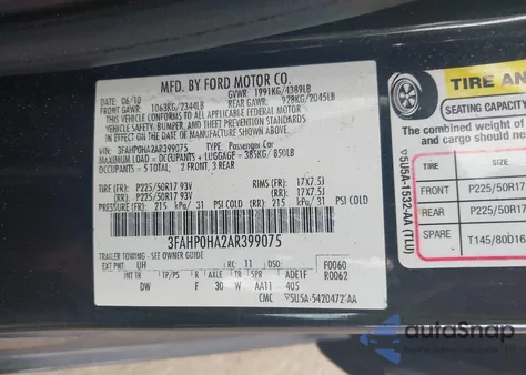 2010 Ford Fusion Se z USA, uszkodzony, nr VIN 3FAHP0HA2AR399075
